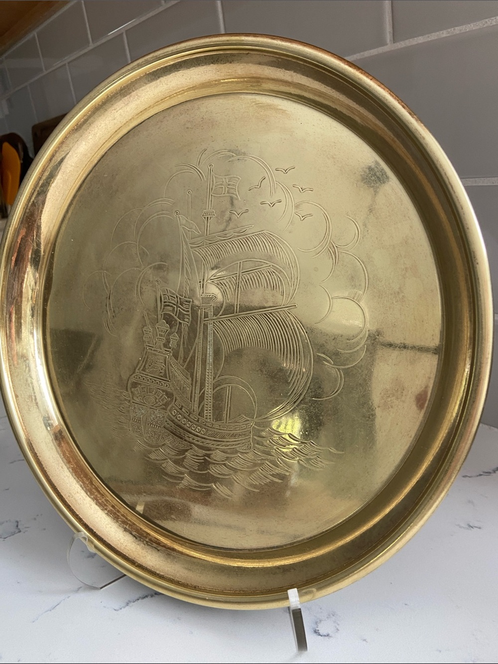 Vintage Brass Galleon Sailing Ship Tray 12” Nautical Maritime Decor
